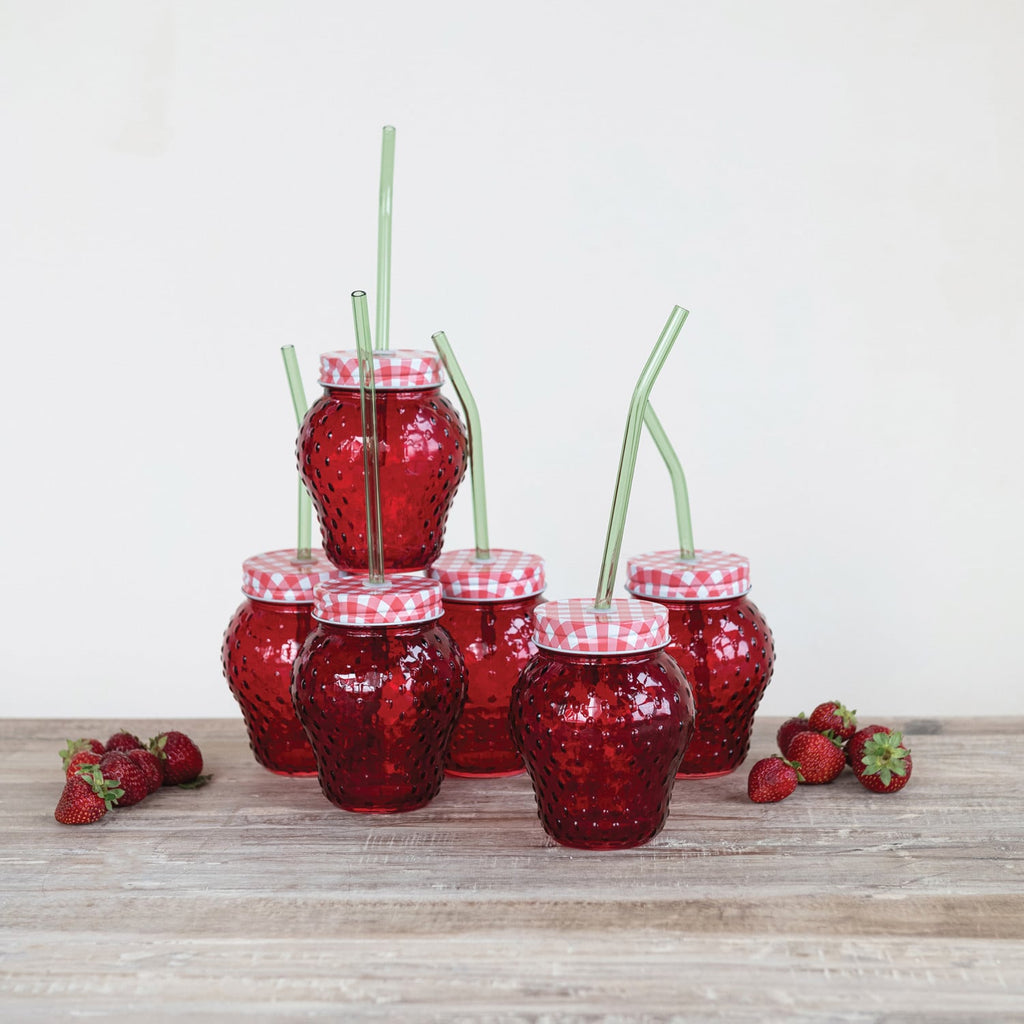 Strawberry Glass Tumbler Set with Gingham Lid