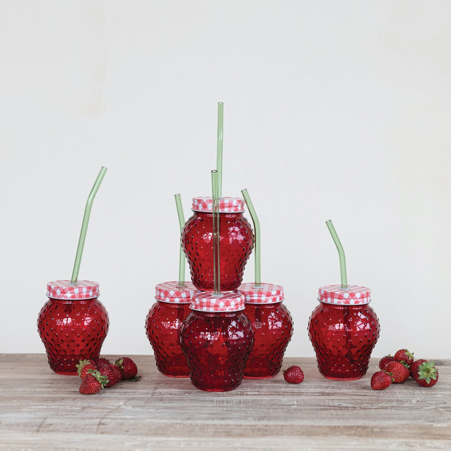 Strawberry Glass Tumbler Set with Gingham Lid
