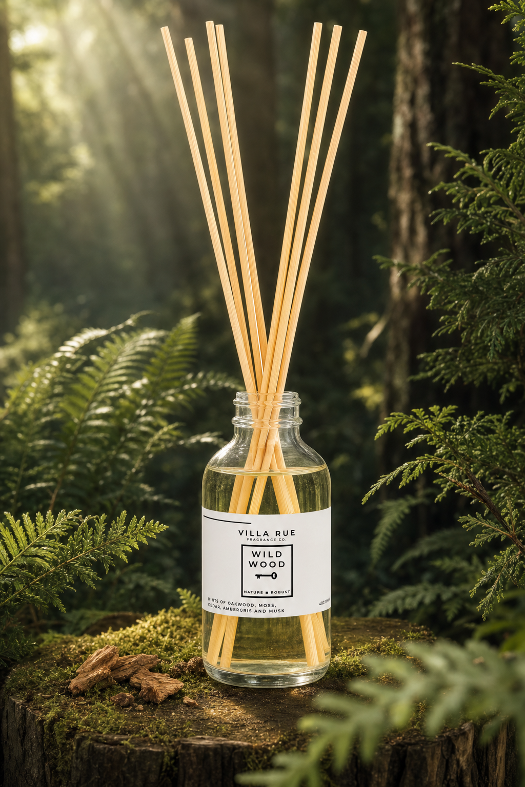 Villa Rue Wild Wood reed diffuser — themed scene