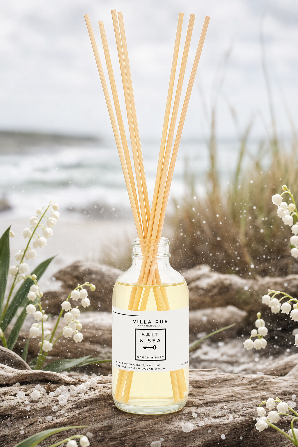 Villa Rue Salt Sea reed diffuser — themed scene