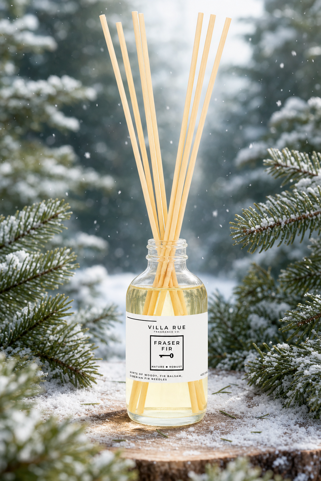 Villa Rue Fraser Fir reed diffuser — themed scene