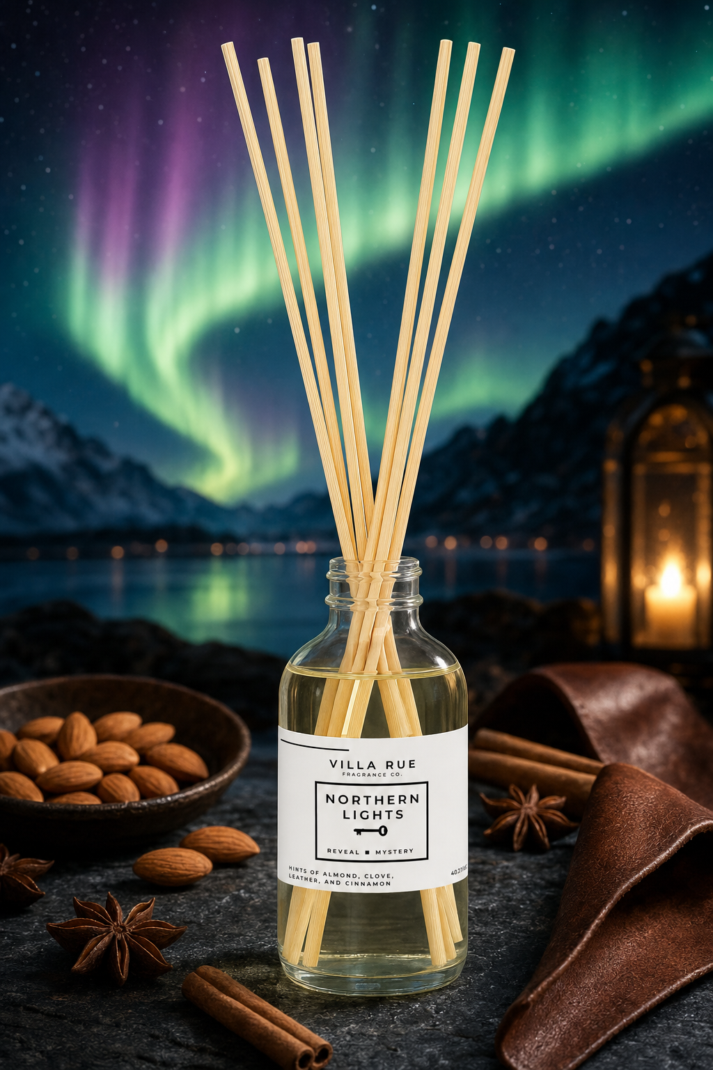 Villa Rue Northern Lights reed diffuser — themed scene