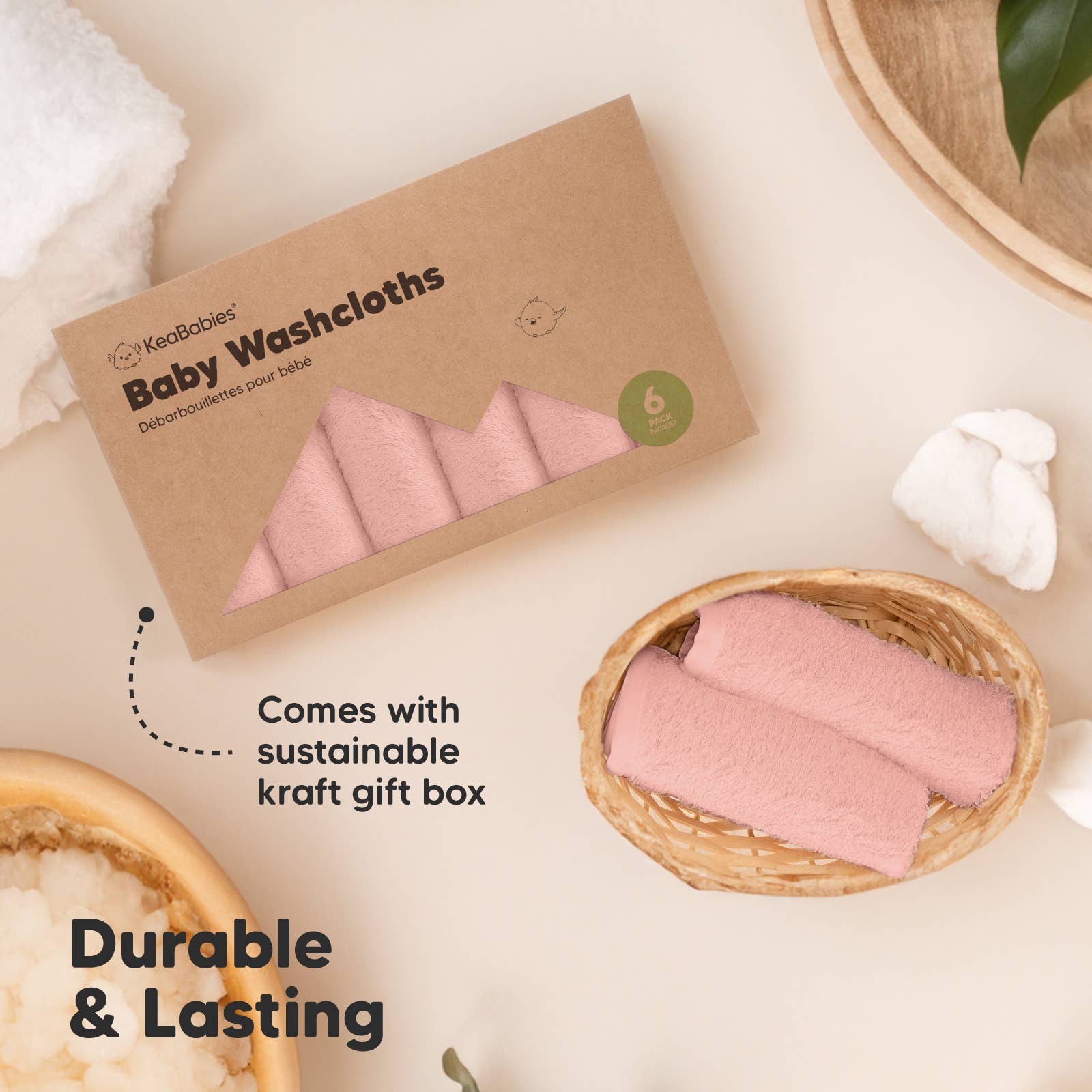 KeaBabies Ultra-Soft Baby Washcloths — Blush Pink (6-Pack)