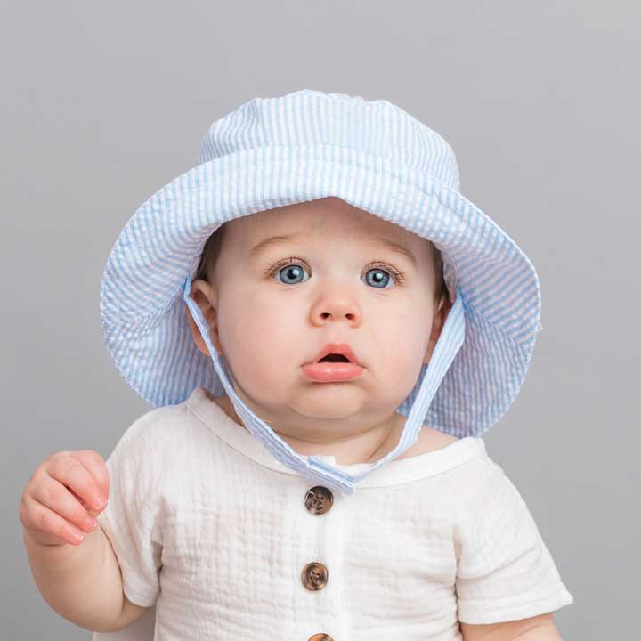 Huggalugs Light Blue Stripe Seersucker Bucket Hat — UPF 25+