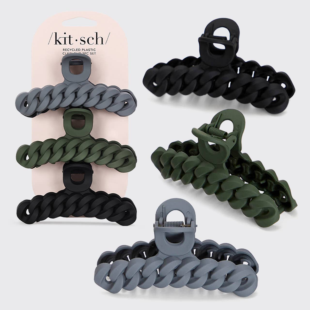 Kitsch Chain Claw Clip 3pc Set — Black & Moss