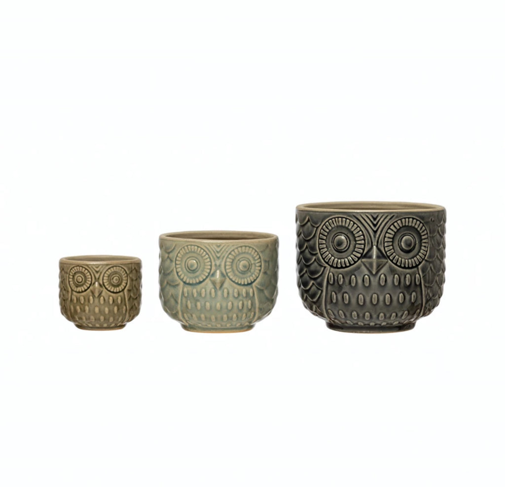 Crackle Glaze Owl Stoneware Planter