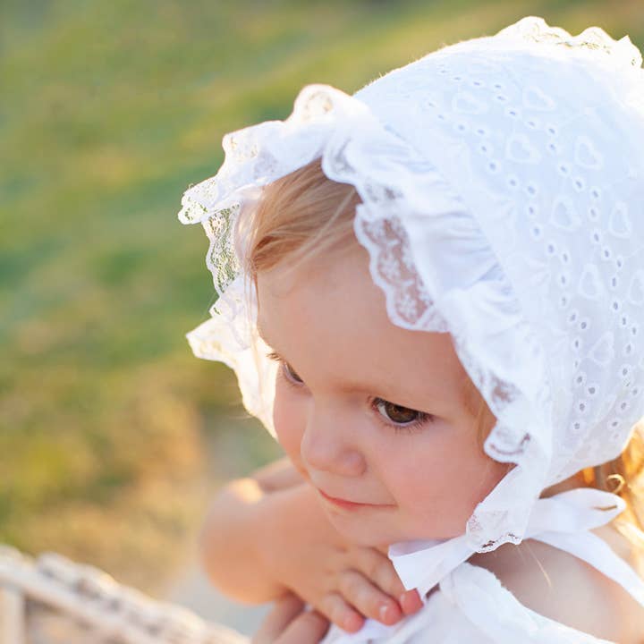 Huggalugs Girls White Heart Eyelet Bonnet