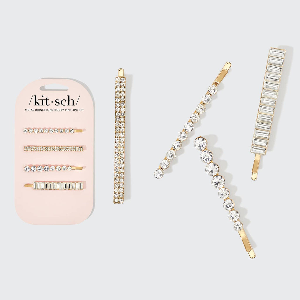 Kitsch Metal Rhinestone Bobby Pins 4pc Set — Gold