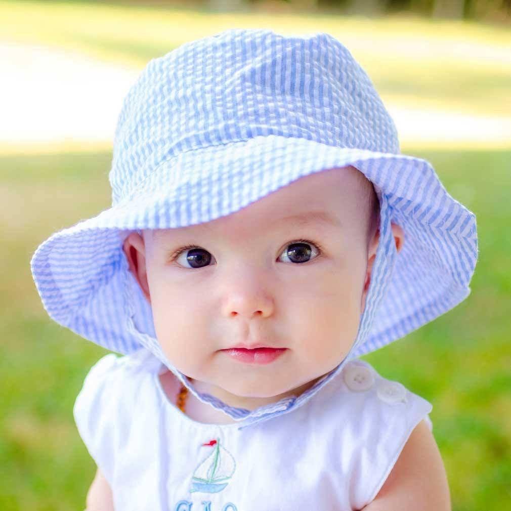 Huggalugs Light Blue Stripe Seersucker Bucket Hat — UPF 25+
