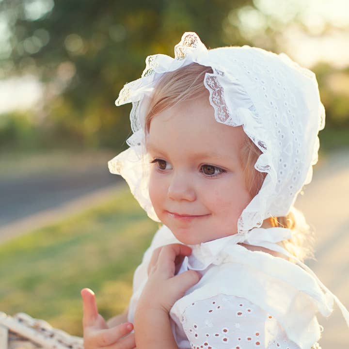 Huggalugs Girls White Heart Eyelet Bonnet