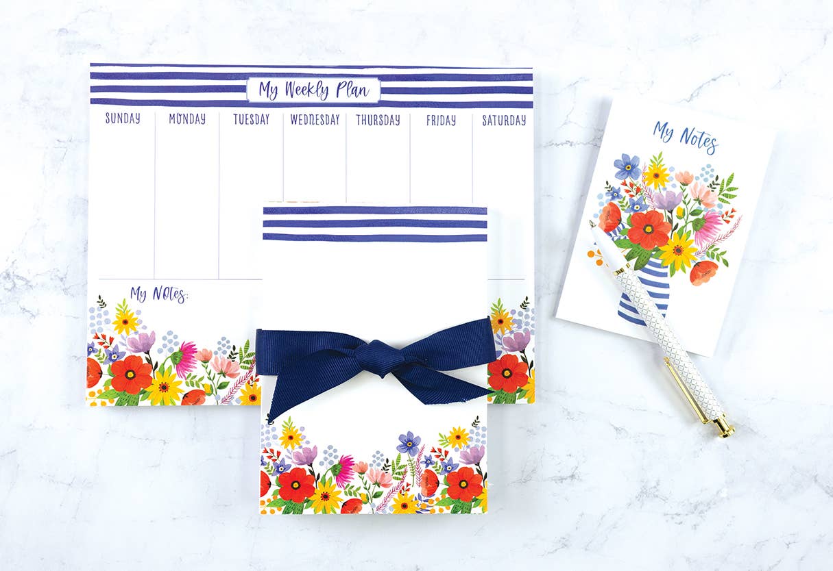Gina B Chunky Bow Notepad — Blue Stripe Flowers