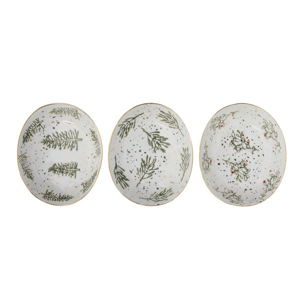 Oval Stoneware Dish with Greenery Motif