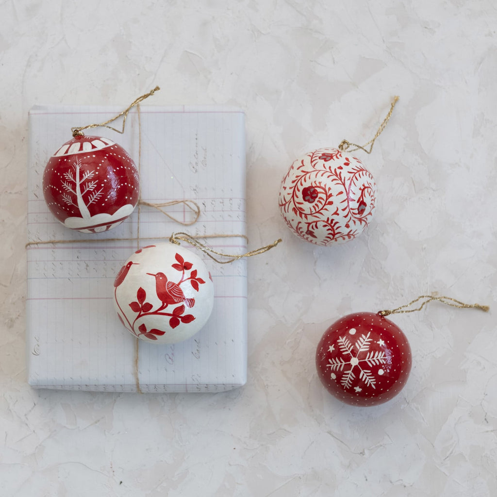 Handpainted Red and White Paper Mache Ornament