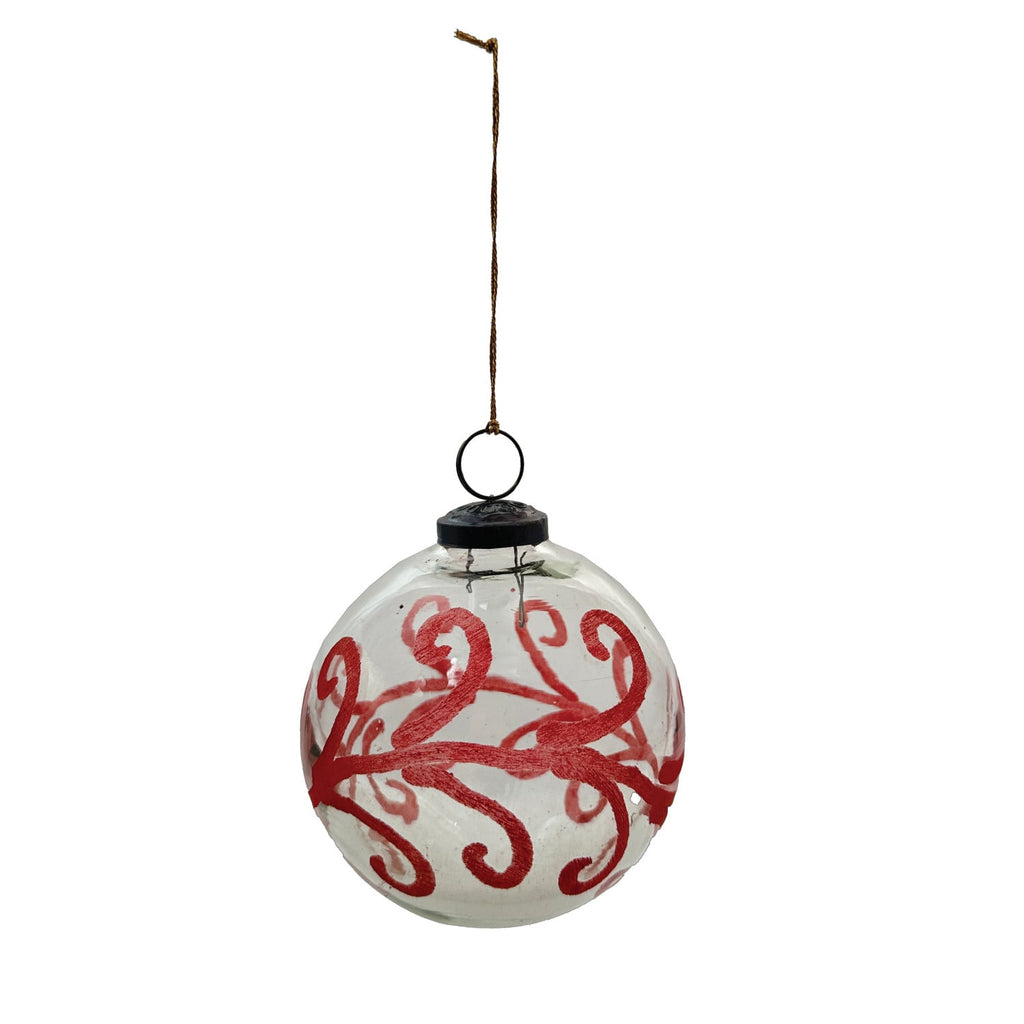 Hand-Painted Etched Glass Ball Ornament in Raspberry