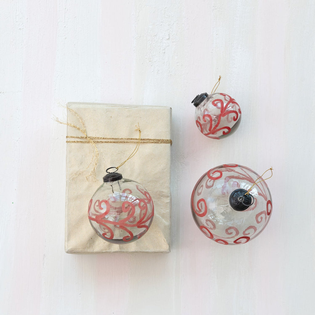 Hand-Painted Etched Glass Ball Ornament in Raspberry