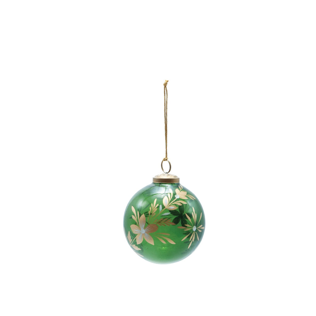 Hand-Painted Glass Botanical Ornament in Green & Gold