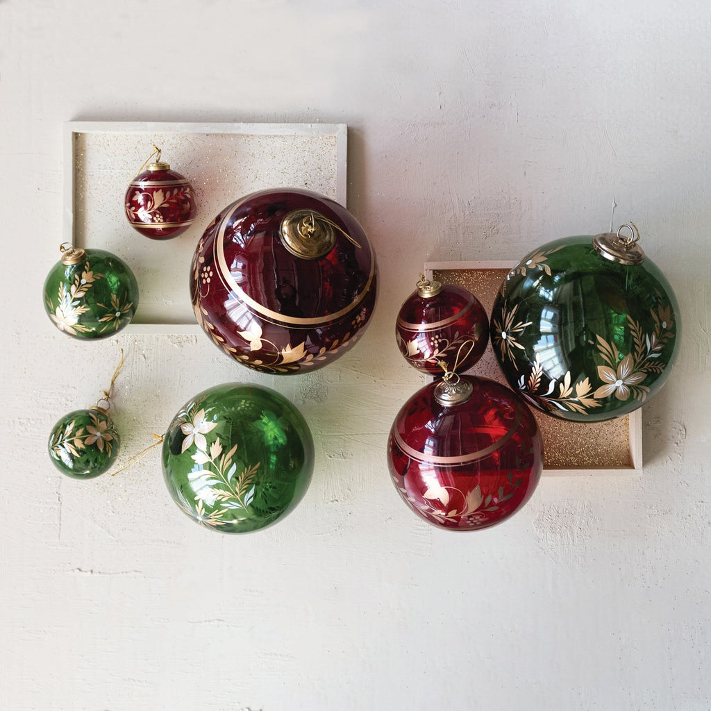 Hand-Painted Red & Gold Botanical Glass Ornament